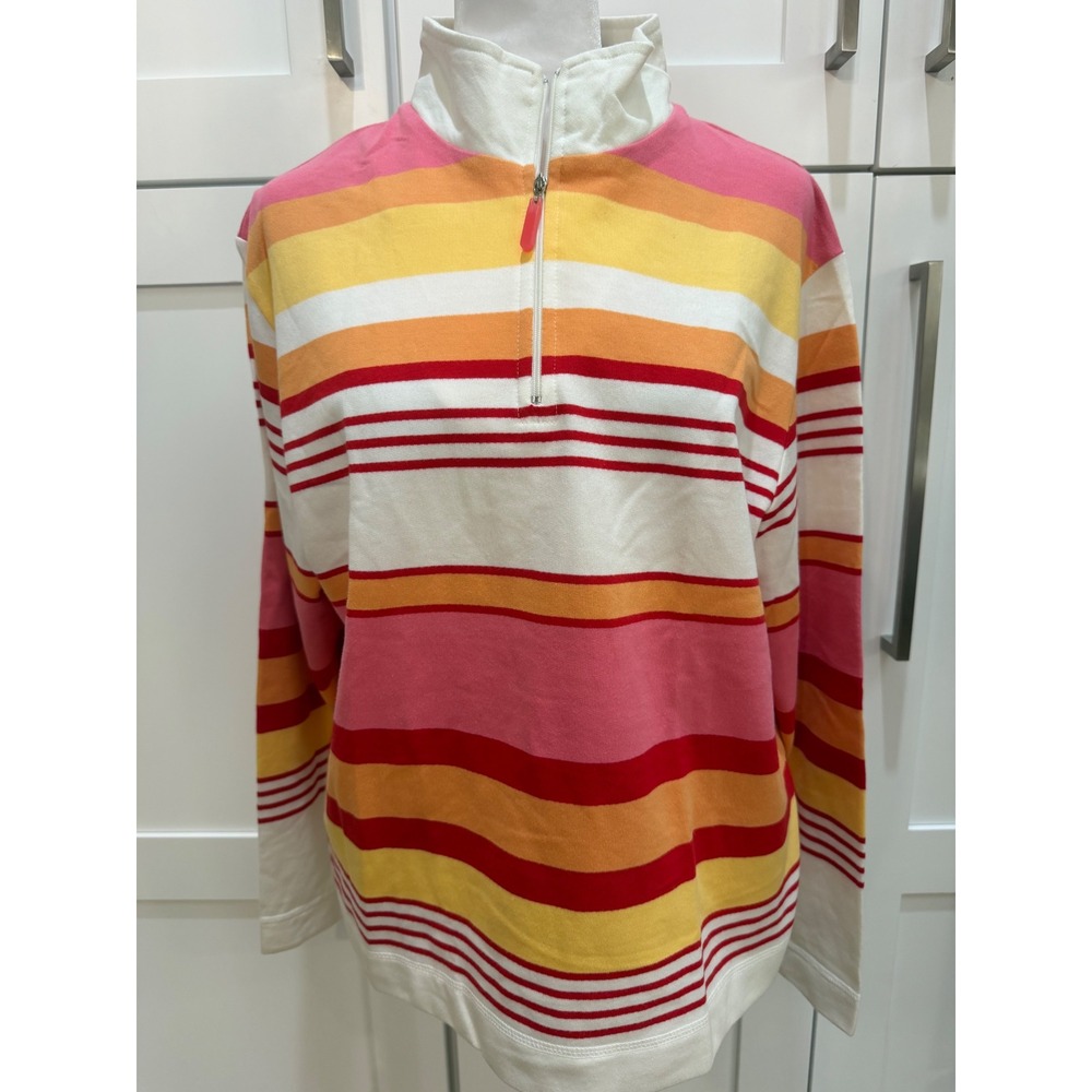 Catalina Womens Medium Pink Orange Striped Quarter Zip Pullover Sweatshirt